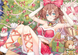 1girl armpits artist_name bell blue_eyes blush bow box braid braided_hair_rings breasts brown_hair christmas cleavage commentary_request detached_collar elbow_gloves fur-trimmed_skirt fur-trimmed_tube_top fur_trim gift gift_box gloves grin hair_bow hair_rings highres leg_ribbon long_hair looking_at_viewer omagari_kei original painting_(medium) parted_lips red_bow red_ribbon red_skirt red_tube_top ribbon santa_costume sitting skirt smile solo strapless stuffed_animal stuffed_deer stuffed_reindeer stuffed_toy traditional_media tube_top twitter_username watercolor_(medium) white_fur white_gloves