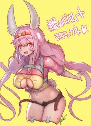 Rule 34 | 1girl, animal ears, bad id, bad twitter id, blush stickers, breasts, rabbit, rabbit ears, rabbit tail, cleavage, cleavage cutout, clothing cutout, hair ribbon, hairband, harada isuka, heart, heart-shaped pupils, highres, large breasts, long hair, navel, open mouth, pink eyes, pink hair, ribbon, short shorts, shorts, signature, simple background, smile, solo, strap, symbol-shaped pupils, tail, yellow background