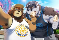 Rule 34 | 2boys, ainu clothes, alternate costume, amusement park, animal ears, bara, baseball cap, belly, black tank top, brown fur, brown hair, bulge, casual, chest hair, contemporary, couple, covered erect nipples, fang, fat, fat man, ferris wheel, food, furry, furry male, furry with furry, grey fur, grey hair, grey pants, hat, highres, horkeu kamui, ice cream, large pectorals, licking, lion boy, male focus, melting, multiple boys, muscular, muscular male, original, pants, pectorals, rossciaco, selfie, sidepec, stomach, sunlight, sweatdrop, tail, tank top, tokyo houkago summoners, tongue, tongue out, two-tone fur, upper body, white fur, white tank top, wolf boy, wolf ears, wolf tail, yaoi, yellow eyes