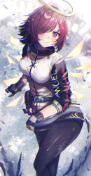 Rule 34 | 1girl, arknights, belt, black belt, black gloves, black pantyhose, blush, breasts, commentary, exusiai (arknights), feet out of frame, fingerless gloves, gloves, hair over one eye, halo, head tilt, highres, jacket, long sleeves, looking at viewer, lux (dera ix), medium breasts, pantyhose, pouch, raglan sleeves, red eyes, red hair, short hair, smile, solo, standing, thighs, white jacket