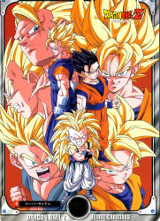 Rule 34 | 1990s (style), black hair, blonde hair, dragon ball, dragonball z, father and son, fusion, gotenks, highres, long hair, looking at viewer, multiple boys, muscular, serious, smile, son gohan, son goku, son goten, super saiyan, super saiyan 3, trunks (dragon ball), vegeta, vegetto
