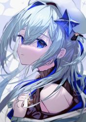 Rule 34 | 1girl, absurdres, amane kanata, amane kanata (work), bare shoulders, blue eyes, blue hair, from side, grey hair, hair between eyes, hands up, hat, highres, hololive, jewelry, long hair, looking at viewer, looking to the side, necklace, own hands together, roitz ( roitz ), solo, two side up, underwear, upper body, virtual youtuber, white hat