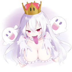 Rule 34 | 1girl, blush, boo (mario), breasts, cleavage, colored skin, crown, earrings, gloves, hair between eyes, highres, jewelry, large breasts, lemonolemone, long hair, long tongue, looking at viewer, luigi&#039;s mansion, mario (series), new super mario bros. u deluxe, nintendo, open mouth, pink eyes, princess king boo, sharp teeth, solo, super crown, teeth, tongue, tongue out, v-shaped eyebrows, white gloves, white hair, white skin, white theme
