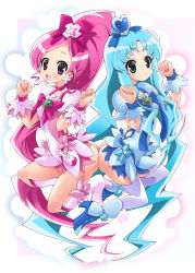 Rule 34 | 10s, 2girls, ass, ass-to-ass, bad id, bad pixiv id, blue eyes, blue hair, blue skirt, blush, blush stickers, boots, bow, brooch, brown eyes, butt crack, cure blossom, cure marine, green eyes, hanasaki tsubomi, heart, heart brooch, heartcatch precure!, highres, jewelry, kurumi erika, long hair, looking at viewer, magical girl, mima chi, multiple girls, no panties, pink bow, pink eyes, pink hair, ponytail, precure, skirt, smile, thighhighs, very long hair, white thighhighs