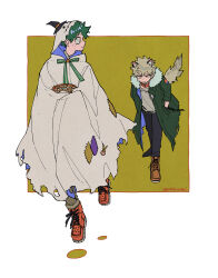 2boys :/ all_might alternate_eye_color animal_ears ankle_boots bakugou_katsuki black_ears black_eyes black_hat black_pants blonde_hair bluesky_username boku_no_hero_academia boots bow bowtie bright_pupils broken broken_chain brooch brown_footwear carrying chain chain_leash character_sticker cloak closed_mouth coat collar colored_shadow cross-laced_footwear cuffs film_grain floating following food_request freckles fur-trimmed_coat fur_trim ghost_costume green_bow green_bowtie green_coat green_hair grey_cloak grey_pants grey_shirt halloween halloween_costume hand_in_pocket hat hat_over_hood hat_ribbon highres hood hood_up hooded_cloak hugging_object jewelry leaning_forward leash looking_at_another looking_back male_focus midair midoriya_izuku mini_hat mini_witch_hat multiple_boys official_alternate_costume orange_brooch orange_ribbon outside_border paneled_background pants patch pocket profile red_collar red_eyes red_footwear ribbon sanpaku shackles shadow shirt shoes short_hair sideways_mouth sleeves_past_elbows smile sneakers souko_(floyd) spiked_hair standing striped_bow striped_bowtie striped_clothes t-shirt tail torn_cloak torn_clothes torn_coat torn_shirt torn_sleeve turning_head twitter_username two-sided_cloak two-sided_fabric white_pupils witch_hat wolf_boy wolf_ears wolf_tail yellow_background