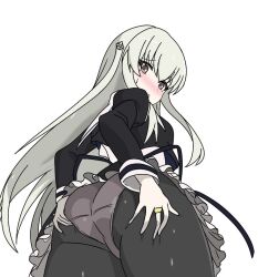 Rule 34 | 1girl, ass, ass grab, assault lily, black pantyhose, black skirt, blush, breasts, clothes lift, cowboy shot, cropped jacket, egawa kusumi, flower, frilled skirt, frills, from behind, from below, grabbing own ass, grey hair, hair between eyes, hair flower, hair ornament, jewelry, kimassi, long hair, looking at viewer, looking back, looking down, miniskirt, nose blush, panties, panties under pantyhose, pantyhose, parted lips, raised eyebrows, ring, school uniform, shirt, simple background, skirt, skirt lift, small breasts, solo, standing, sweatdrop, underwear, very long hair, white background, white flower, white shirt, yurigaoka girls academy school uniform