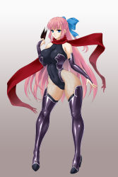 Rule 34 | 1girl, bare shoulders, blue eyes, boots, breasts, bridal gauntlets, cleavage, contrapposto, covered erect nipples, fishnets, full body, gradient background, hair ribbon, high heels, highres, hip focus, impossible clothes, kunai, large breasts, legs, long hair, long legs, muchigaku, mutsuki himemaru, ninja, original, pigeon-toed, pink hair, ribbon, rindou (radical dream), scarf, shoes, simple background, sleeveless leotard, smile, solo, standing, thigh boots, thighhighs, thighs, very long hair, weapon, wide hips