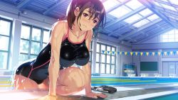 Rule 34 | 1girl, arm support, black one-piece swimsuit, blush, breasts, brown hair, bunting, chalkboard, collarbone, competition swimsuit, dripping, expressionless, goggles, unworn goggles, hamashima shigeo, indoors, kazama natsuki, lane line, large breasts, looking at viewer, official art, one-piece swimsuit, pennant, pool, purple eyes, shinsou noise, shinsou noise: jushin tantei no jikenbo, short hair, solo, string of flags, swimsuit, water drop, wet, wet hair, window