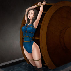 1girl bdsm bondage bound bound_legs bound_wrists breast_bondage breasts brown_hair coco_(pixiv_artist_1131293) female_focus image_sample pixiv_sample red_eyes resized restrained school_swimsuit swimsuit torture water water_wheel wet