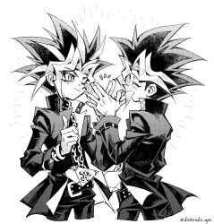 Rule 34 | 2boys, asterisks aya, belt, chain, chain necklace, closed eyes, cowboy shot, greyscale, halftone, jacket, jewelry, looking at another, monochrome, multiple boys, necklace, open mouth, pants, smile, spiked hair, white background, yami yugi, yu-gi-oh!
