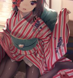 Rule 34 | 1girl, bad id, bad twitter id, bow, brown hair, brown pantyhose, commentary request, copyright request, fingernails, hair bow, hands up, japanese clothes, kimono, long sleeves, looking at viewer, multicolored nails, nail polish, obi, ohisashiburi, pantyhose, parted lips, red bow, red eyes, red kimono, red nails, sash, sitting, solo, striped clothes, striped kimono, wide sleeves