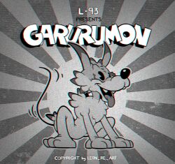Rule 34 | 1930s (style), artist name, cartoonized, digimon, digimon (creature), fangs, garurumon, greyscale, happy, highres, leon re art, monochrome, no humans, tail, tongue, tongue out, toon (style)