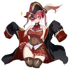 Rule 34 | 1girl, bare shoulders, belt, black hat, black jacket, black thighhighs, blush, breasts, brooch, brown belt, cleavage, closed mouth, covered navel, eyepatch, hair ribbon, hat, highres, hololive, houshou marine, jacket, jewelry, large breasts, long sleeves, looking at viewer, marumai, miniskirt, off shoulder, one eye covered, pirate hat, red eyes, red hair, red ribbon, red skirt, ribbon, see-through, see-through cleavage, simple background, skirt, sleeves past wrists, smile, solo, thighhighs, thighs, virtual youtuber, white background