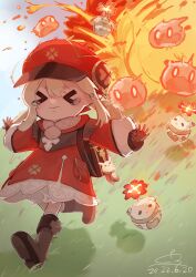 Rule 34 | &gt; &lt;, 1girl, backpack, bag, blonde hair, boots, brown footwear, brown gloves, cabbie hat, child, closed eyes, closed mouth, clover print, dodoco (genshin impact), dress, explosion, genshin impact, gloves, hair between eyes, hat, highres, jumpy dumpty, klee (genshin impact), kurorin5, long sleeves, low twintails, motion blur, on grass, outdoors, outstretched arms, randoseru, red dress, red headwear, running, shadow, signature, slime (genshin impact), spread arms, tearing up, twintails