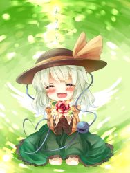 Rule 34 | 1girl, blush, closed eyes, fang, female focus, flower, gift, green hair, hat, highres, holding, holding gift, kneeling, komeiji koishi, open mouth, outstretched arms, red flower, red rose, rose, smile, solo, tears, third eye, touhou, yuya (night lily)