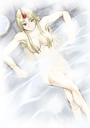 Rule 34 | 1girl, bathing, blonde hair, breasts, censored, convenient censoring, female focus, from above, hair censor, hair over breasts, highres, horns, hoshiguma yuugi, large breasts, crossed legs, long hair, looking at viewer, looking up, lying, niwatazumi, nude, outstretched arms, pointy ears, raised eyebrow, red eyes, single horn, sitting, solo, spread arms, steam, touhou, water