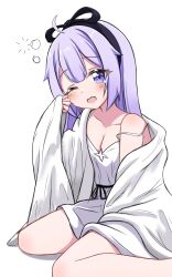 Rule 34 | 1girl, ;o, ahoge, alternate costume, azur lane, bare legs, bare shoulders, bed sheet, black hairband, black ribbon, blanket, blush, breasts, camisole, cleavage, collarbone, dress, fang, hair between eyes, hair down, hair ribbon, hairband, hand up, highres, long hair, long sleeves, looking at viewer, medium breasts, off shoulder, one eye closed, open clothes, open mouth, purple eyes, purple hair, ribbon, rubbing eyes, shadow, simple background, sitting, squeans, sleepy, sleeveless, sleeveless dress, sleeves past wrists, smile, solo, strap slip, tears, tedomi kiro, unicorn (azur lane), unicorn (icy-sweet storytime) (azur lane), very long hair, waking up, wariza, white background, white dress, wide sleeves, yawning