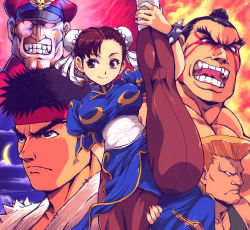 Rule 34 | 1girl, 4boys, bracelet, breasts, capcom, chinese clothes, chun-li, crescent moon, edmond honda, flexible, glowing, glowing eyes, guile, jewelry, kamisimo 90, large breasts, leg lift, legs, long legs, m. bison, moon, multiple boys, pantyhose, pelvic curtain, revision, ryu (street fighter), spiked bracelet, spikes, split, standing, standing on one leg, street fighter, thick thighs, thighs