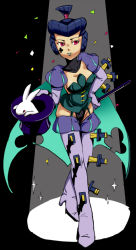 Rule 34 | 1girl, beatrix (skullgirls), blue hair, boots, breasts, cha shibu, cleavage, clubs, detached collar, elbow gloves, facial mark, gloves, green lips, hair rings, hand on own hip, hat, holding, holding clothes, holding hat, knife, leotard, lipstick, magician, makeup, osiriperopero, puffy sleeves, rabbit, red eyes, skullgirls, solo, thigh boots, thighhighs, top hat, topknot, unworn hat, unworn headwear
