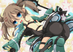 Rule 34 | 1girl, ass, blue eyes, brown hair, flower, milkpanda, open mouth, patty (pso2), phantasy star, phantasy star online, phantasy star online 2, pointy ears, sega, short hair, twintails, weapon