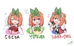 Rule 34 | 1girl, ;d, arm behind head, arm up, blue eyes, bow, breasts, character name, collared shirt, cosplay, cropped torso, double bun, eighth note, eyebrows hidden by hair, go-toubun no hanayome, gochuumon wa usagi desu ka?, green bow, green ribbon, hair between eyes, hair bun, hair ribbon, holding, holding microphone, hoto cocoa, hoto cocoa (cosplay), kantai collection, kujou karasuma, light blush, medium breasts, microphone, multiple views, musical note, naka (kancolle), naka (kancolle) (cosplay), nakano yotsuba, one eye closed, open mouth, orange hair, pink vest, puffy short sleeves, puffy sleeves, rabbit house uniform, red shirt, revision, ribbon, sakura ayane, shirt, short sleeves, signature, smile, sparkle, sweater vest, two side up, uniform, upper body, vest, voice actor connection, waitress, white background, white shirt