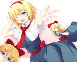 Rule 34 | 1girl, alice margatroid, blonde hair, blue eyes, blush, bow, breasts, capelet, doll, dress, fal maro, female focus, foreshortening, hair bow, hairband, large breasts, long hair, looking at viewer, necktie, no nose, one eye closed, open mouth, outstretched arm, outstretched hand, sash, shanghai doll, short hair, solo, staring, touhou, wink