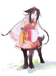 Rule 34 | 1girl, :d, animal ears, bell, braid, breasts, centaur, circlet, earrings, extra ears, fangs, full body, grass, head tilt, horns, jewelry, jingle bell, long hair, long sleeves, open mouth, original, parted bangs, robe, sakekasu (lofter), sash, simple background, sleeves past fingers, sleeves past wrists, small breasts, smile, solo, standing, taur, twin braids, very long hair, white background, wide sleeves, yellow eyes