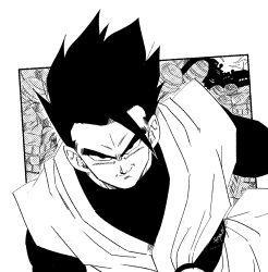Rule 34 | 1boy, artist name, belt, city, commentary, dragon ball, dragonball z, fenyon, great saiyaman, greyscale, halftone, highres, looking at viewer, male focus, monochrome, outside border, shirt, smirk, solo, son gohan, spiked hair, superhero costume, v-shaped eyebrows