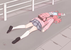 1girl absurdres ahoge alternate_costume backpack bag black_footwear book chamomile_(kazumasa) charm_(object) dropping face_down flute grey_skirt highres hololive instrument kneehighs loafers notice_lines pavement pink_hair pink_sweater plaid_clothes plaid_skirt railing sakura_miko school_uniform shoes skirt socks solo sweater tripping virtual_youtuber white_socks