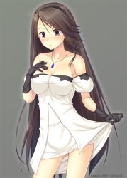 Rule 34 | 1girl, agnes oblige, bare shoulders, black gloves, blush, bravely default: flying fairy, bravely default (series), breasts, brown eyes, brown hair, cleavage, dress, female focus, flying sweatdrops, gloves, hairband, hand on own chest, jewelry, large breasts, long hair, miyai sen, necklace, pendant, simple background, solo, strapless, strapless dress, very long hair, white dress