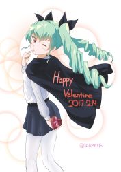 Rule 34 | 1girl, anchovy (girls und panzer), anzio school uniform, black cape, black ribbon, black skirt, box, brown eyes, cape, closed mouth, commentary, dress shirt, drill hair, english text, finger to mouth, from side, gift, girls und panzer, green hair, hair ribbon, happy valentine, heart-shaped box, highres, holding, holding gift, long hair, long sleeves, looking at viewer, miniskirt, one eye closed, pantyhose, pleated skirt, ribbon, scamp (scamp f16), school uniform, shirt, skirt, solo, standing, twin drills, twintails, twitter username, valentine, white pantyhose, white shirt, wind