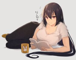 Rule 34 | 1girl, alternate costume, black hair, black pants, book, breasts, brown eyes, casual, cleavage, closed mouth, cup, grey background, hair between eyes, highres, kantai collection, kasumi (skchkko), large breasts, long hair, nagato (kancolle), pants, revision, shirt, short sleeves, simple background, smile, solo, translated, white shirt