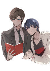 Rule 34 | 2boys, artem wing (tears of themis), black jacket, black necktie, black shirt, blue eyes, blush, book, brown hair, closed eyes, closed mouth, collared shirt, commentary, cropped torso, dog tags, english commentary, formal, highres, holding, holding book, jacket, long sleeves, male focus, marius von hagen (tears of themis), melrw22, multiple boys, necktie, purple eyes, purple hair, reading, shirt, short hair, tears of themis, upper body, white jacket, white shirt, yaoi