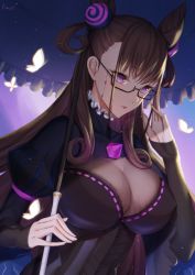 Rule 34 | 1girl, breasts, brown hair, bug, butterfly, cleavage, cone hair bun, double bun, expressionless, eyewear strap, fate/grand order, fate (series), glasses, hair bun, highres, holding, holding umbrella, insect, kumei, large breasts, lips, lipstick, long hair, makeup, murasaki shikibu (fate), parasol, purple eyes, purple lips, solo, striped, umbrella