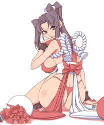 Rule 34 | 1girl, ass, backboob, black eyes, breasts, brown eyes, brown hair, fatal fury, from behind, grey hair, huge breasts, kenix, large breasts, lips, long hair, looking back, panties, ponytail, red panties, revealing clothes, rope, shiranui mai, sideboob, simple background, sitting, snk, solo, the king of fighters, thong, underwear, wristband
