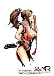 Rule 34 | 1girl, artist name, breasts, brown hair, earrings, fatal fury, hand fan, jewelry, large breasts, ponytail, shiranui mai, simple background, snk, solo, sun.r, the king of fighters