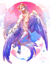 Rule 34 | 1girl, anklet, artist name, bird legs, bird tail, center opening, choker, circlet, commission, double bun, dress, gold choker, gradient hair, gradient wings, hair bun, hair intakes, harpy, highres, hogara, jewelry, long tail, looking at viewer, monster girl, multicolored hair, multicolored wings, navel, open mouth, original, parted bangs, pink hair, purple eyes, purple hair, purple wings, skeb commission, solo, tail, talons, thank you, white dress, white wings, wings