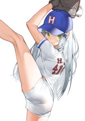 Rule 34 | 1girl, alternate costume, ass, ball, baseball, baseball cap, baseball glove, baseball uniform, blue hat, blush, breasts, character name, closed mouth, clothes writing, dduck kong, earrings, eyes visible through hair, facial mark, girls&#039; frontline, green eyes, hair ornament, hat, highres, hk416 (girls&#039; frontline), holding, holding ball, jewelry, leg lift, long hair, pitching, short hair, shorts, silver hair, simple background, solo, sportswear, teardrop, throwing, white background