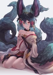 Rule 34 | animal ears, backless outfit, bandages, bandaged arm, bandages, blue hair, erune, fox ears, fox girl, fox tail, granblue fantasy, highres, large tail, multiple tails, nail polish, off shoulder, short hair, shorts, sitting, tail, you (granblue fantasy), yue (lov n n)