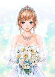 Rule 34 | 1girl, bare shoulders, blue eyes, blush, bouquet, breasts, bridal veil, bride, brown hair, cleavage, closed mouth, collarbone, copyright request, dress, earrings, flower, jewelry, large breasts, looking at viewer, mizutani tooru, necklace, smile, solo, tiara, veil, wedding dress
