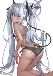 Rule 34 | 1girl, absurdres, ass, bare arms, bare shoulders, bikini, black bikini, black ribbon, blue archive, breasts, butt crack, commentary request, demon tail, eyes visible through hair, from behind, grey hair, hair over one eye, hair ribbon, halo, highres, iori (blue archive), iori (swimsuit) (blue archive), kneeling, looking at viewer, looking back, multi-strapped bikini bottom, red eyes, ribbon, rinringyo, side-tie bikini bottom, simple background, small breasts, solo, swimsuit, tail, twintails, v-shaped eyebrows, white background