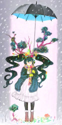 Rule 34 | 1girl, black pantyhose, blush, bonsai, boots, brown footwear, closed mouth, coat, dress, flower, gloves, green hair, hair flower, hair ornament, highres, long hair, looking at viewer, nababa, pantyhose, rain, snow, solo, standing, surreal, twintails, umbrella, very long hair, white dress, yellow eyes, yellow gloves