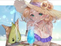 Rule 34 | 1girl, alternate costume, bikini, blonde hair, blurry, blurry background, breast hold, breasts, cleavage, closed mouth, commentary, cup, dappled sunlight, drink, drinking, drinking straw, flower, frilled bikini, frills, glass, green eyes, hat, hat flower, ice, ice cube, korok, lens flare, looking at viewer, medium breasts, nintendo, palm tree, pointy ears, princess zelda, short hair, shuri (84k), sitting, straw hat, sunflower, sunlight, swimsuit, table, the legend of zelda, the legend of zelda: breath of the wild, the legend of zelda: tears of the kingdom, translated, tree, twitter username, upper body, white bikini, wooden table