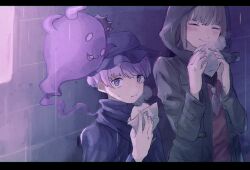 Rule 34 | 1boy, 1girl, baozi, blue jacket, closed eyes, closed mouth, coat, crown, eating, food, ghost, green coat, grey hair, hand up, hands up, highres, holding, holding food, hood, hood up, jacket, kurumi wendy, letterboxed, long sleeves, looking at another, macha (macha3635toa), master detective archives: rain code, open mouth, outdoors, purple eyes, purple hair, shinigami (ghost) (rain code), shinigami (rain code), short hair, smile, standing, sweatdrop, upper body, yuma kokohead