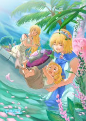Rule 34 | 3girls, aged down, barefoot, blonde hair, breasts, brushing hair, bug, butterfly, cassandra alexandra, child, cleavage, comb, dress, dutch angle, family, flower, frog, green eyes, hair flower, hair ornament, hairband, highres, insect, kagura dfc, ladybug, long hair, mother and daughter, multiple girls, palm tree, petals, pyrrha alexandra, shield, short sword, siblings, sisters, sophitia alexandra, soul calibur, sword, tree, twintails, weapon