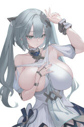 Rule 34 | 1girl, alternate breast size, aqua eyes, aqua hair, arm up, bare shoulders, bracelet, breasts, closed mouth, collarbone, commentary, covering privates, covering one breast, deep skin, dress, faruzan (genshin impact), genshin impact, hair between eyes, hair ornament, highres, jewelry, kaneko (bblogtinhan), large breasts, long hair, looking at viewer, one breast out, parted bangs, simple background, skindentation, solo, twintails, very long hair, white background, white dress, x hair ornament