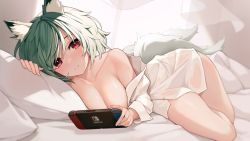 Rule 34 | 1girl, absurdres, animal ear fluff, animal ears, blush, breasts, closed mouth, commission, curtains, green hair, handheld game console, highres, holding, holding handheld game console, large breasts, long sleeves, looking at viewer, lying, multiple tails, naked shirt, nintendo switch, off shoulder, on bed, on side, original, pillow, red eyes, sbbs, shirt, short hair, smile, solo, tail, white hair, window