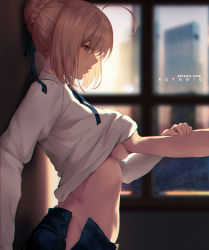 Rule 34 | 1boy, 1girl, 1other, ahoge, artoria pendragon (all), artoria pendragon (fate), aztodio, blonde hair, blue ribbon, braid, breasts, fate/stay night, fate (series), french braid, grabbing, grabbing another&#039;s breast, grabbing another's breast, green eyes, guided breast grab, guiding hand, hair ribbon, head out of frame, hetero, medium breasts, patreon username, profile, ribbon, saber (fate), shirt, short hair, solo focus, stomach, white shirt, window