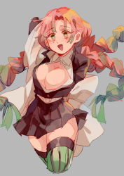 Rule 34 | 1girl, absurdres, belt, black jacket, black skirt, blush, braid, breasts, chinese commentary, cleavage, collared shirt, commentary request, cowboy shot, cropped legs, gradient hair, green eyes, green hair, green thighhighs, grey background, haori, highres, jacket, japanese clothes, kanroji mitsuri, kimetsu no yaiba, large breasts, long hair, looking at viewer, mogutofuoes, mole, mole under eye, multicolored hair, open clothes, open jacket, open mouth, open shirt, pink hair, pleated skirt, revealing clothes, shirt, simple background, skirt, smile, solo, thighhighs, twin braids