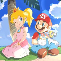 Rule 34 | 1boy, 1girl, blonde hair, blue eyes, blue overalls, blue sky, boots, bracelet, brown footwear, brown hair, crown, dress, drink, drinking straw, earrings, f.l.u.d.d., facial hair, gloves, hand on own cheek, hand on own face, hat, jewelry, long hair, mario, mario (series), mustache, nintendo, one eye closed, open mouth, overalls, palm tree, pink dress, princess peach, princess peach (sunshine), red headwear, red shirt, shirt, short hair, short sleeves, sky, super mario sunshine, teeth, tree, upper teeth only, white gloves, ya mari 6363